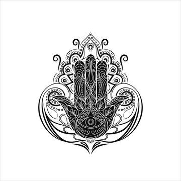 Hamsa silhouette. A great card for any other type of design, birthday and other holiday, kaleidoscope, medallion, yoga, India, Arabic. Tattoo, print and logo design. Isolated vector illustration.