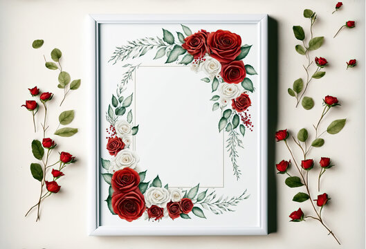 close-up of a white frame with red roses, ai generated