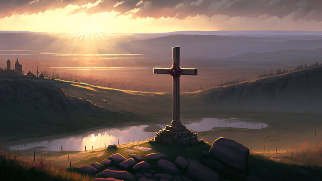 Christian cross. outdoors at sunrise. tomb at dawn. Generative Ai
