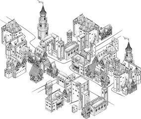 Medieval Town Map Scroll Vintage Illustration