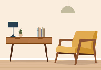 Hand drawn of minimalistic mid century style furniture interior include chair, table and lamp illustration