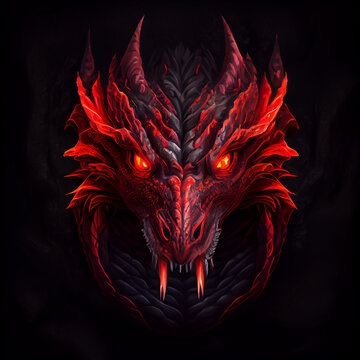 head of angry red dragon on the black background created with generative AI