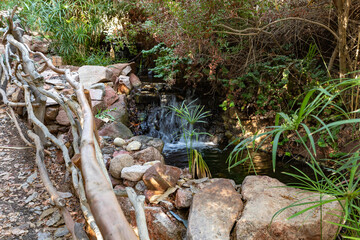 Obraz premium Small decorative waterfall on the territory of the Botanical Garden in the Eilat city, southern Israel