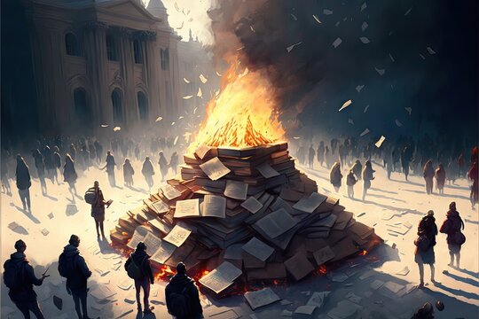 A pile of books burning in fire in the city, reflecting imposition of censorship and lack of freedom of mind to people on diverse moments of human history, generative ai