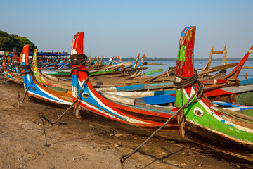 The wooden fisher boats of the Taungthaman Lake at Mandalay