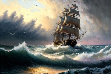 Fototapeta na wymiar Ship sea oil paintings landscape art, creative digital illustration painting, Generative AI
