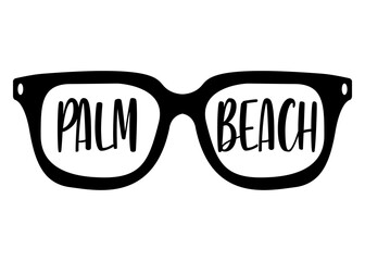 Destino de vacaciones. Silueta aislada de gafas de sol con palabra Palm Beach en texto manuscrito