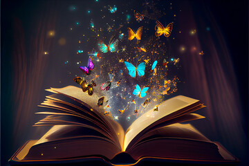 Open magic book with growing lights, magic powder and butterflies