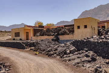 The volcano Pico do Fogo flooded and destroyed houses of villages with lava in the crater, Cape...