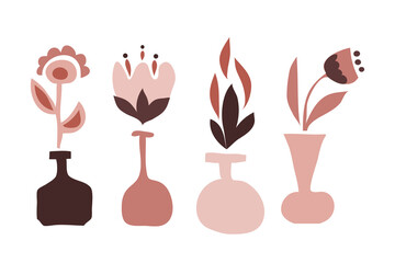 Set of Boho Ceramic Vases in Trendy Minimalist Style. Vector Pottery Icons for Creating Logo, Postcard, Posters, Invitation, Social Media
