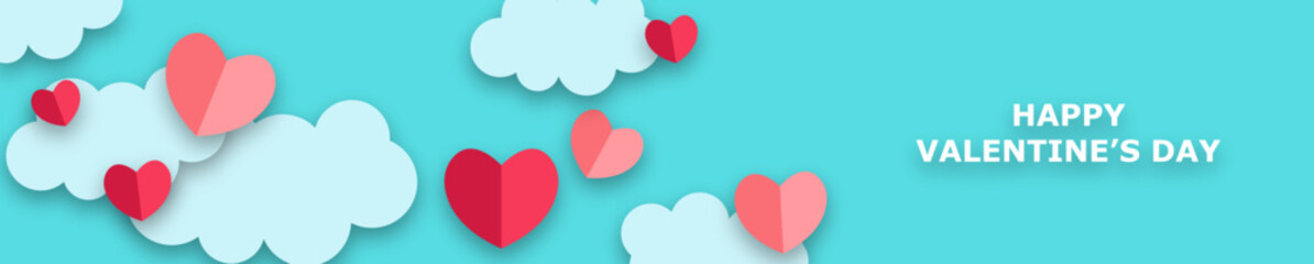 Horizontal banner with blue sky and paper clouds. Place for text. Happy valentines day sale header or voucher template with hearts