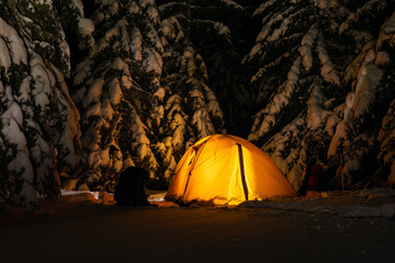 An orange tent in the middle of a winter snow-covered forest.