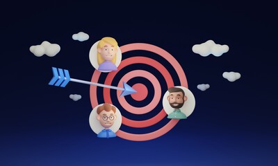 Target audience, 3D illustration. Arrows hitting the bullseye, marketing strategy to reach a specific audience. Consumer research and targeting for goal of reaching the target audience effectively.