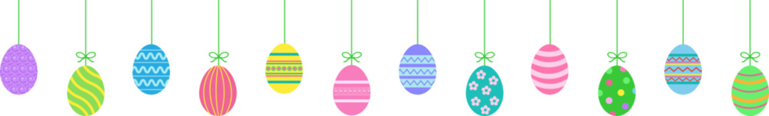 Hanging easter eggs garland.Set of simple colorful eggs. Happy Easter seamless pattern or border. Easter decoration.Easter eggs seamless border.