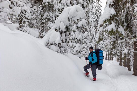 A man with a backpack is photographed against a snow-covered forest. Winter landscape. Hike.