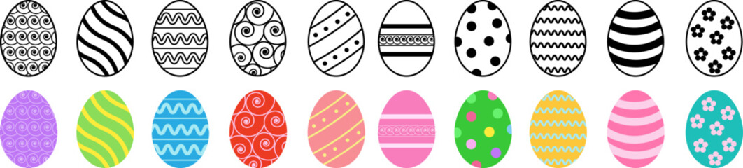 Easter Eggs collection.Set of Easter eggs simple line icons. Vector icons of eggs with ornament in flat design. Painted and colorful Easter eggs