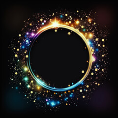 Obraz premium A colorful flash flies in a circle in a luminous ring, shiny rotation effect with sparks and stars. Modern Round Frame with Empty Space for Text. Abstract Bright Loop with Transparency. Generative ai