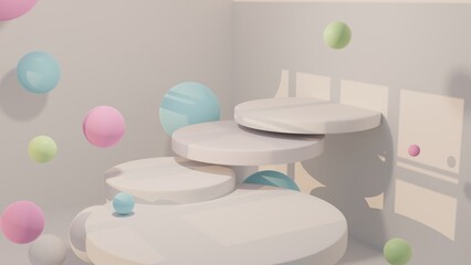 3D illustration of white pedestals which decorated by pink, green and blue balls in pastel tone, there is sunlight through the windows 