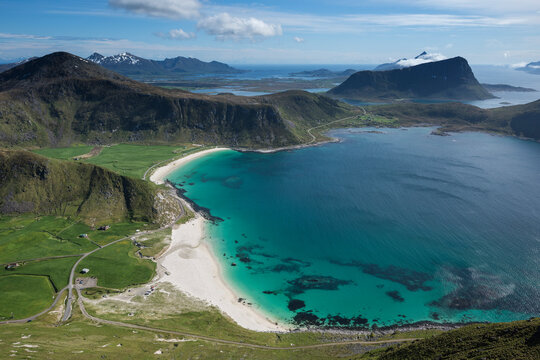 View over Haukland beach from summit of Mannen, Vestv&Atilde;&yen;g&Atilde;&cedil;y, Lofoten Islands, Norway
