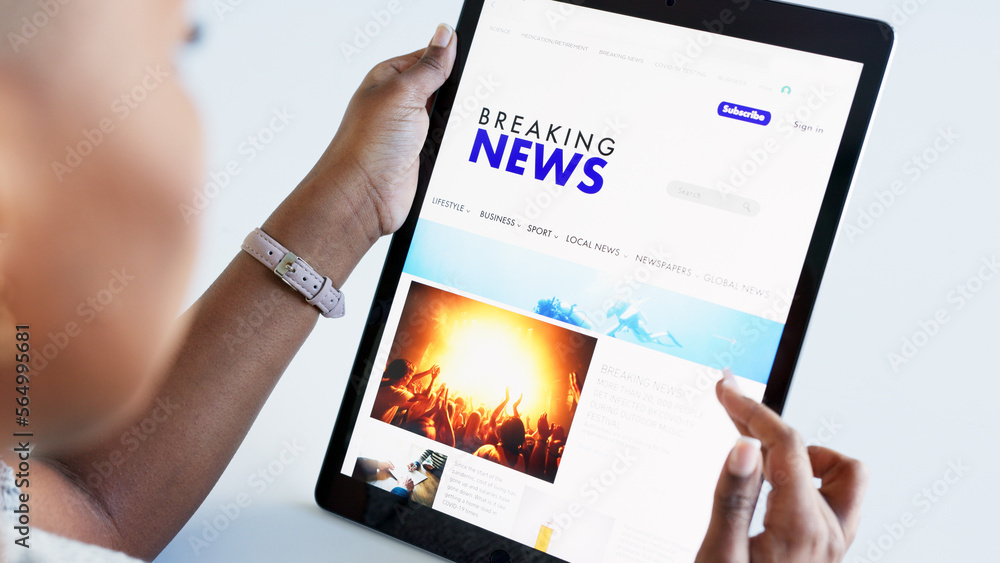 Poster Hands, tablet and news with a woman reading on a website and doing research on current events. Headline, article and information with the hand of a female user browsing the internet with an app