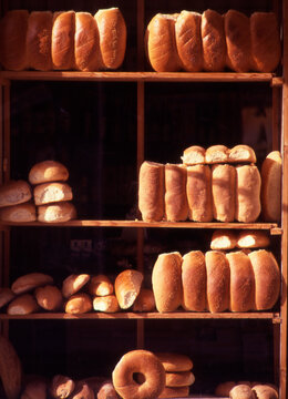 Greece. Western Crete. A display of fresh bread for sale in Chania Old Town.