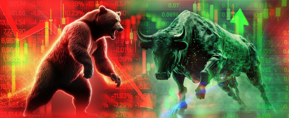 Bull Market vs Bear Market candlestick stock graph market closeup screen trade global technology bankruptcy recession banking statistics - 564996626
