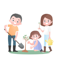 Man, woman, girl planting trees, Cartoon illustration with father, mother and daughter plant tree in their garden, Happy family planting outdoors.