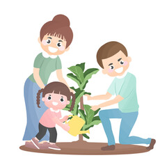Man, woman, girl planting trees, Cartoon illustration with father, mother and daughter plant tree in their garden, Happy family planting outdoors.