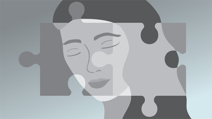 Banner with woman with closed eyes and jigsaw, puzzle pieces. Dimension 16:9. Vector illustration.
