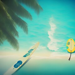 Surfboard and palm tree on beach with beach sign for surfing area. Travel adventure and water sport. relaxation and summer vacation concept. vintage color tone image. - generative ai