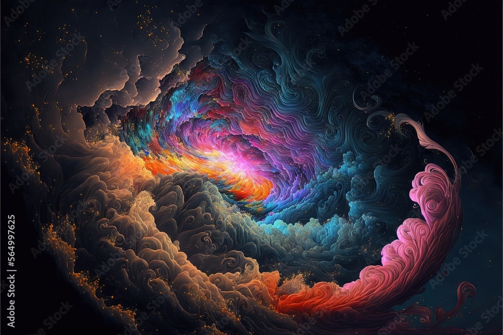 Poster a colorful swirl of clouds in the night sky with stars and a bright light in the center of the image