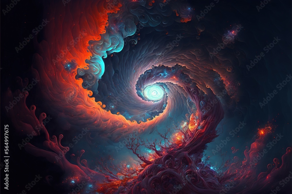 Poster  a painting of a spiral design with a blue background and red and blue colors on it, with a blue center and a red center in the middle of the center of the image is a.  generative ai