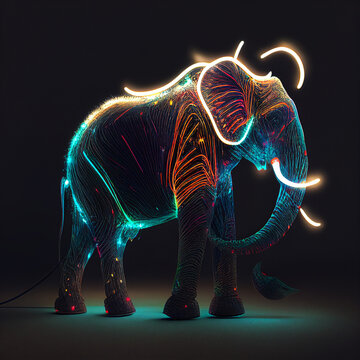 illustration of a elephant with neon light effects  in a black background create with generative AI technology