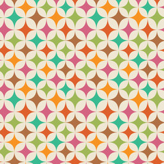 Mid Century Modern colorful starbursts seamless pattern in orange, red, pink, mint green , lime green and brown. For backgrounds, home decor and fabric 