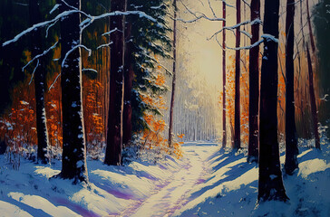 A painting of a path through a snowy forest. Generative AI.