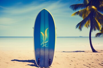 Surfboard and palm tree on beach with beach sign for surfing area. Travel adventure and water sport. relaxation and summer vacation concept. vintage color tone image. - generative ai