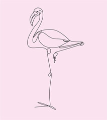 Pink flamingos in continuous line drawing style. Linear sketch isolated on a pink background. Vector illustration