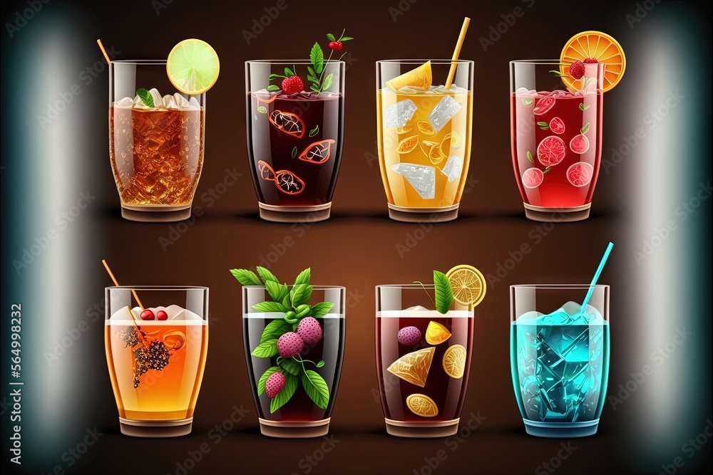 Poster a set of different types of drinks in glasses with straws and garnishes on a brown background with a