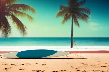 Surfboard and palm tree on beach with beach sign for surfing area. Travel adventure and water sport. relaxation and summer vacation concept. vintage color tone image. - generative ai