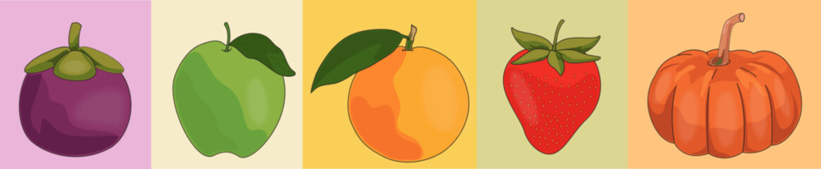 Collection of Healthy Fruits Orange, Mango, Strawberry, Pumpkin, Mangosteen
