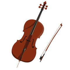 Classical cello with a bow on a white background. Musical instrument, orchestra, symphony, musicians. Vector illustration, isolated.