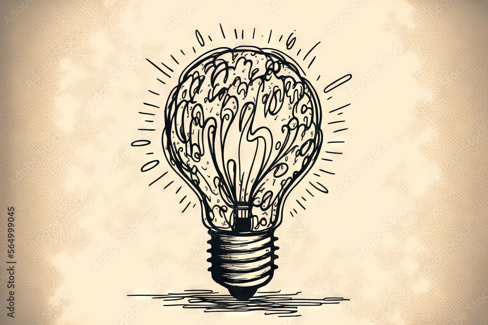 Poster a light bulb with a drawing of a brain inside it on a beige background with a black outline of a lig
