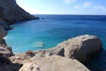 Beautiful paradise turquoise pebble beach of Seychelles in island of Ikaria, North Aegean sea,...