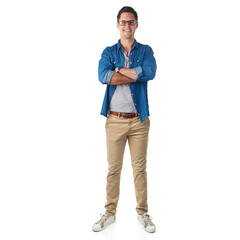 Fototapeta premium Portrait, fashion and mockup with a man in studio isolated on a white background standing arms crossed. Trendy, casual and mock up with a handsome young male posing on blank space in stylish clothes