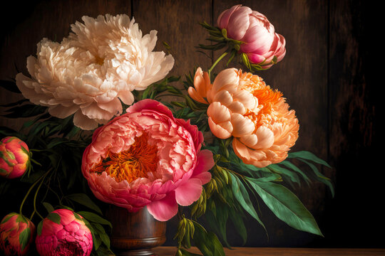 Peach And Dark Pink Peonies On Wooden Table