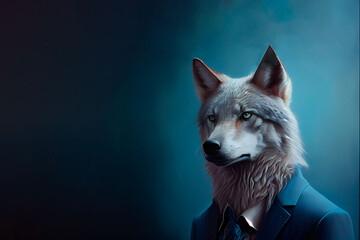 generative ai ilustration of a portrait of a wolf in a business suit on dark blue backgroundgenerative ai ilustration of a portrait of a wolf in a business suit on dark blue background