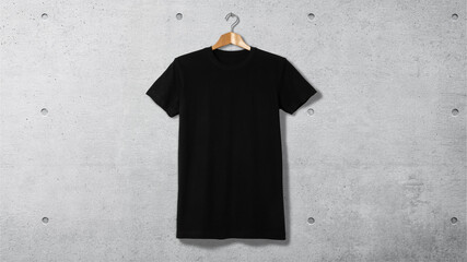 コンクリートの壁にハンガーで吊るされた黒いTシャツ