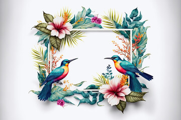 close-up of a white frame with colorful flowers and birds, ai generated