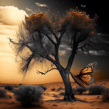 illustration of a nature with butterfly create with generative AI technology