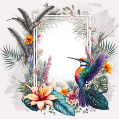 close-up of white frame with tropical flowers and a bird, ai generated